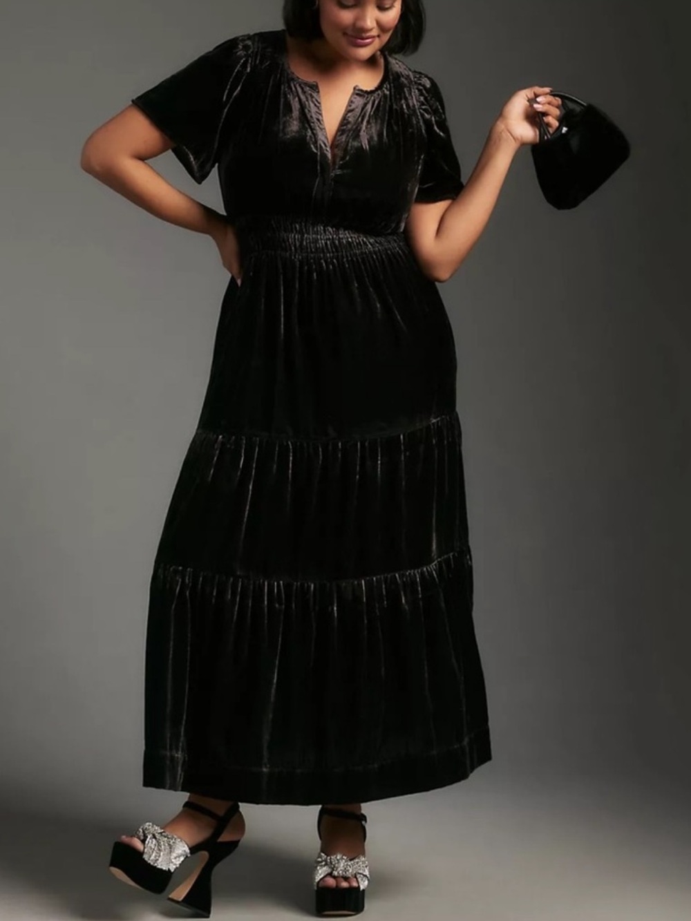 Anthropologie The Somerset Velvet Maxi Dress Size 1X Black Tiered.      11